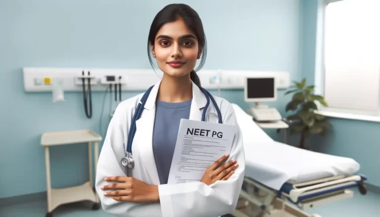 Photo of a confident Indian female doctor, with dark hair tied back, standing against a light blue backdrop of a clinic. She holds NEET PG question papers visibly, and there's a patient bed and medical equipment in the background.